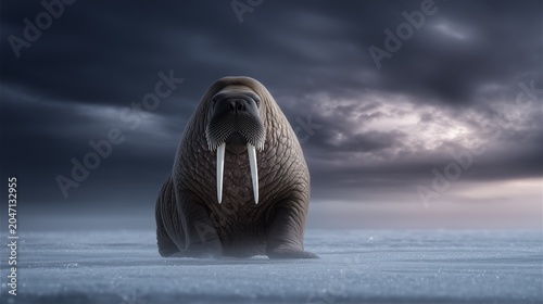 A powerful walrus rests on frozen ground, tusks prominent, under a dramatic darkening sky, exuding strength and tranquility.
