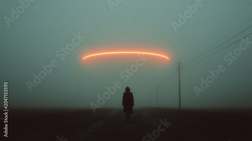 A lone figure stands on a foggy road beneath a glowing orange ring, creating an eerie, futuristic atmosphere.