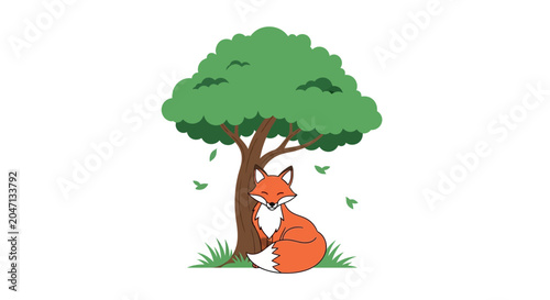 Orange Fox Sitting Under Tree.