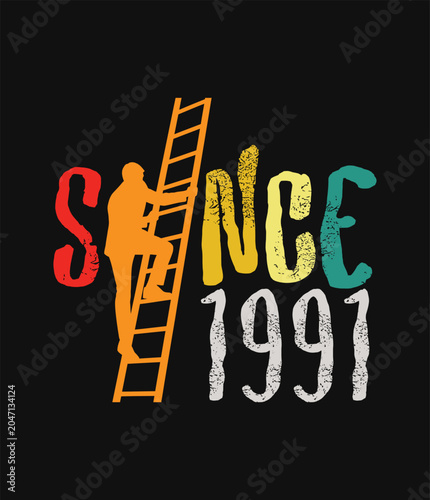 Colorful text since 1991 with ladder and person vector, AI, Illustartion