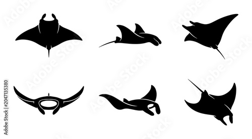 Εκτύπωση καμβά Manta Ray Silhouettes, Ocean Wildlife Vector Icons, Marine Animal Graphics, Aqua