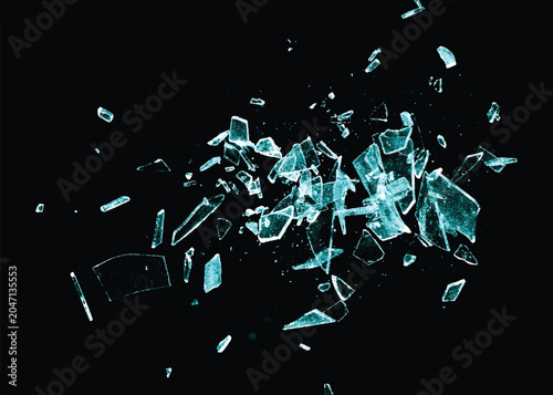 Particles of ice on black back. Broken glass on the black background. Isolated realistic cracked glass effect