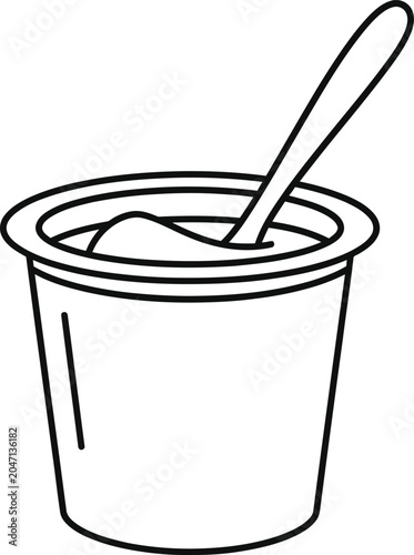 A black and white line drawing of a simple plastic yogurt cup with a spoon resting inside ready to eat and filled with delicious creamy dairy snack