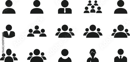 Black and white user and team group icons featuring single person profiles business avatars large crowds and corporate management structure symbols set