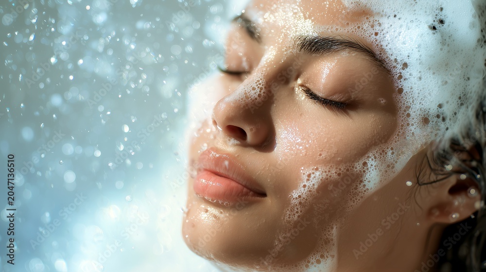 Naklejka premium Close up portrait of a beautiful young woman with closed eyes enjoying a refreshing shower with white soap foam on her glowing skin and wet hair in the spa bathroom
