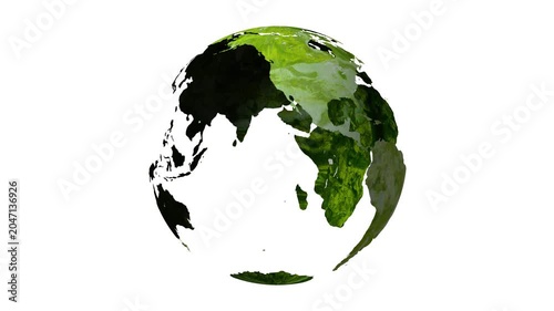 Transparent sphere. Continents highlighted in green rotating on planet earth