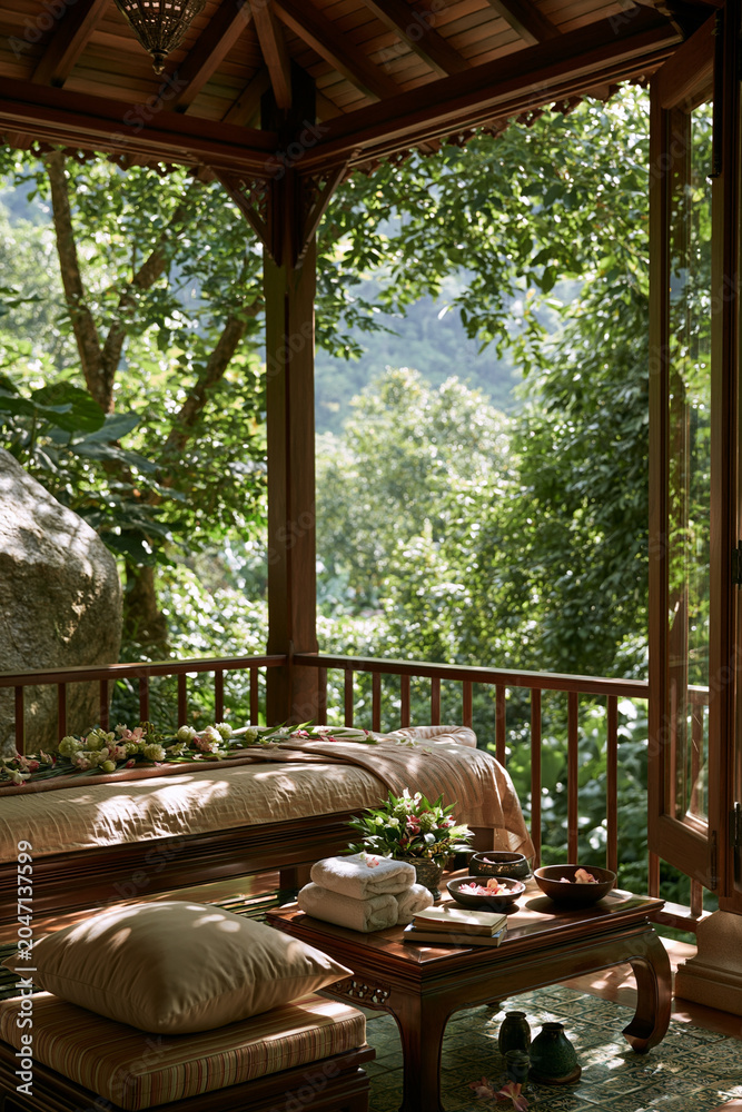 Fototapeta premium Outdoor massage pavilion with flowers towels and forest view for holistic wellness retreat and premium relaxation