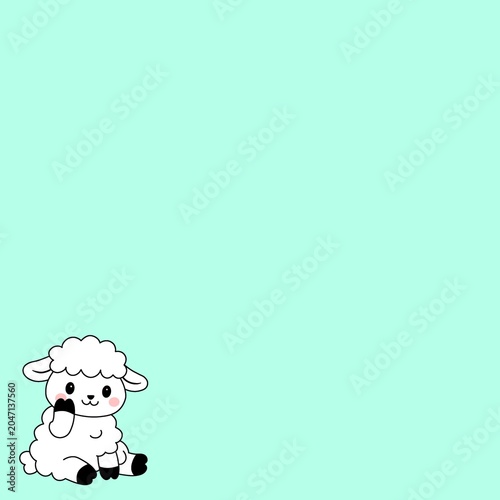Cute cartoon lamb illustration on mint green background with copy space for commercial design, nursery pattern, fashion textile, and baby shower greeting card.