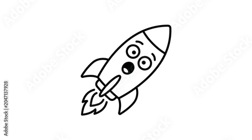 Canvas Print Surprised Cartoon Rocket Ship Flying with Fire Exhaust, Vector Illustration