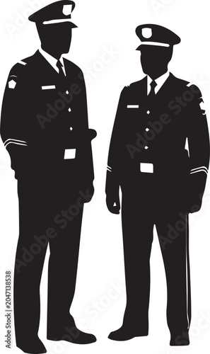 Two Police Officers Standing Side by Side in Uniform Silhouette