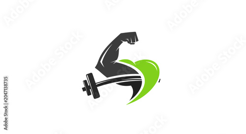 Muscular arm flexing with barbell and green heart health logo