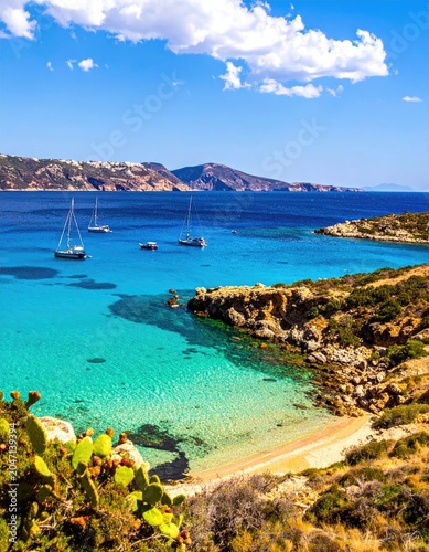 Idyllic Mediterranean Bay with Crystal Clear Turquoise Waters and Sailboats.