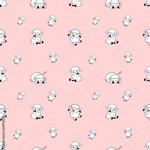 Cute sheep seamless pattern on pink background for nursery textile and baby fabric design vector illustration
