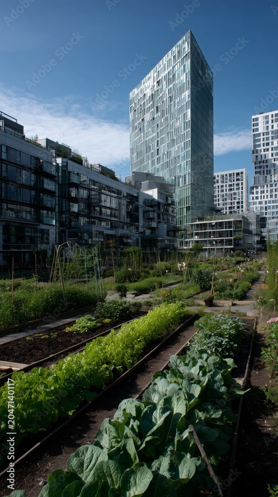 Fototapeta premium Vegetable garden with skyscrapers in background, showcasing urban agriculture and sustainable city living under a clear blue sky.