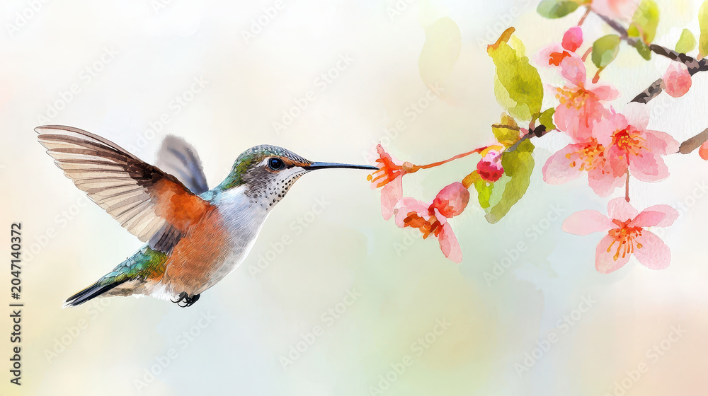 Obraz premium Vibrant hummingbird hovering near pink blossoms, showcasing nature beauty and delicate details