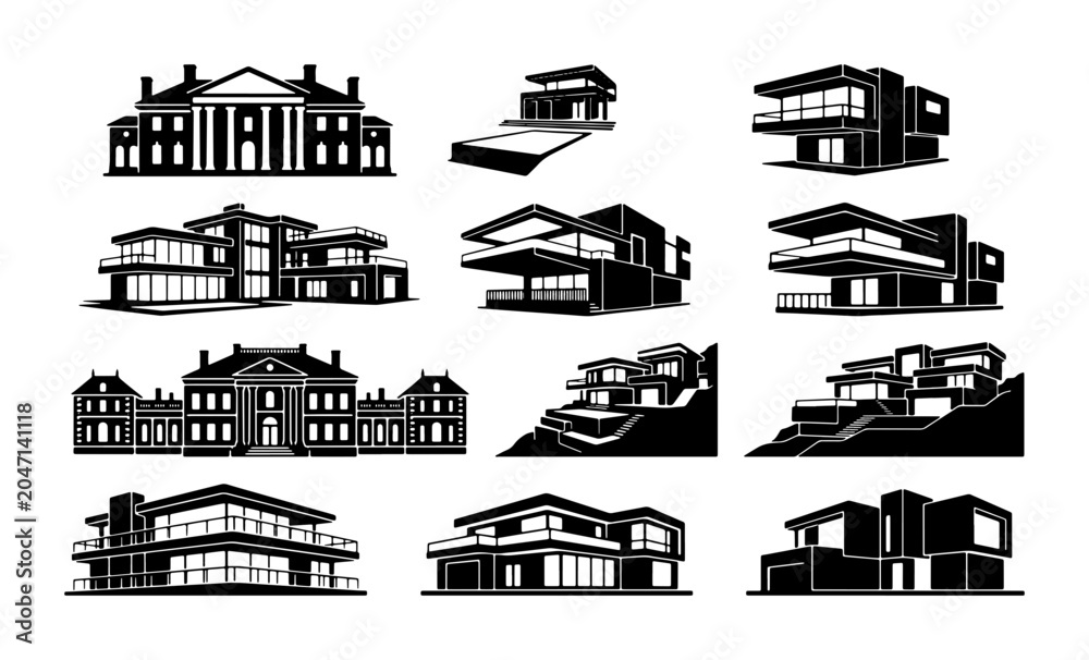 Naklejka premium Modern & Classic Architecture Icons: Luxury Homes, Mansions, Estates, Vector Set