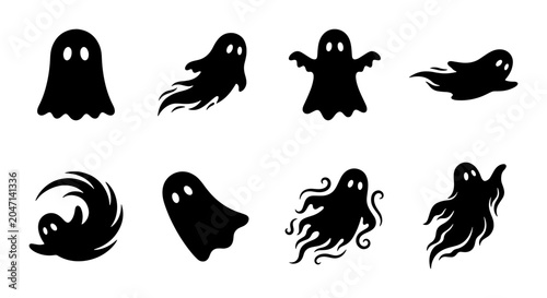 Photos Spooky Ghost Icons, Halloween Characters, Ethereal Spirits, Vector Graphics Set