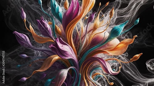 Vibrant fantasy flower with colorful petals on dark background