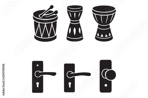 Drums And Door Handles Silhouette Collection On White Background