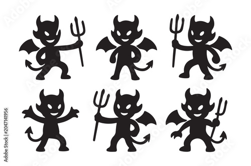 Devil silhouettes with tridents black vector illustration on white background