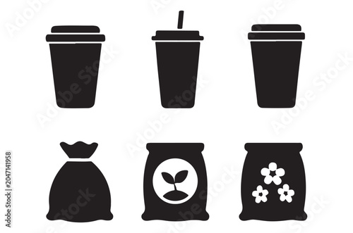 Beverage Cups And Seed Sacks Silhouette Collection Black And White