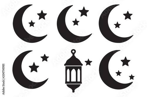 Crescent moons stars and lantern silhouette against a white background