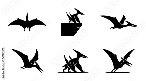 Foto Pterodactyl Silhouette Icons, Prehistoric Flying Reptile Vector Set, Ancient Din