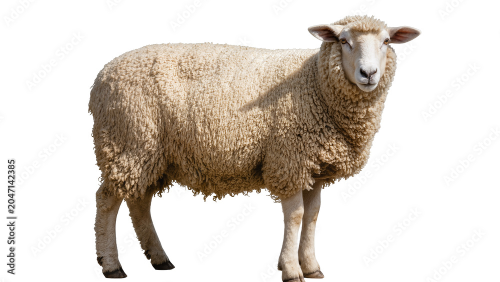 Fototapeta premium Woolly sheep standing profile view