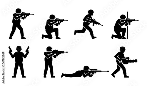 Tableau sur toile Military Soldier Action Poses, Silhouette Figures with Weapons, Combat and Warfa