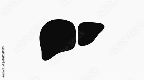 Black silhouette of a human liver organ on a plain white background, representing health and medical concepts.
