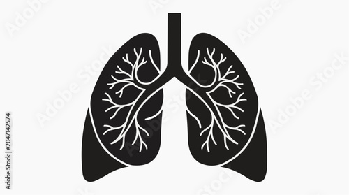 Detailed black silhouette illustration of human lungs with bronchial tree on a white background.
