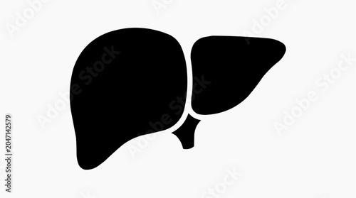 Black silhouette of a human liver organ, representing health, anatomy, and medical concepts on a white background.