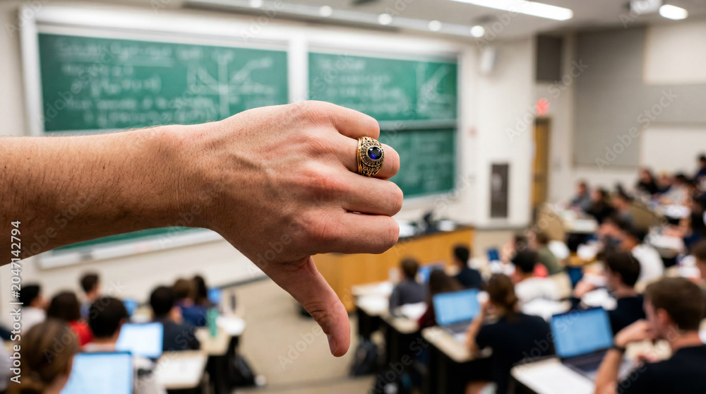 Fototapeta premium Student showing thumbs down gesture in college lecture hall class