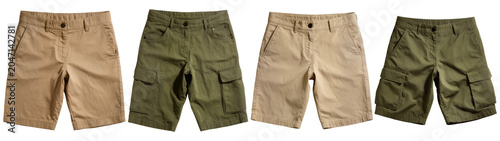 Tableau sur toile A collection of men's khaki and olive green chino shorts, presented from various angles on transparent
