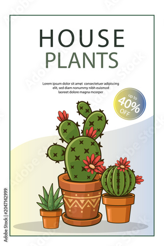 Advertising flyer design template with houseplants. Home garden, potted plant concept. Indoor flowers. Hand Drawn vector illustration