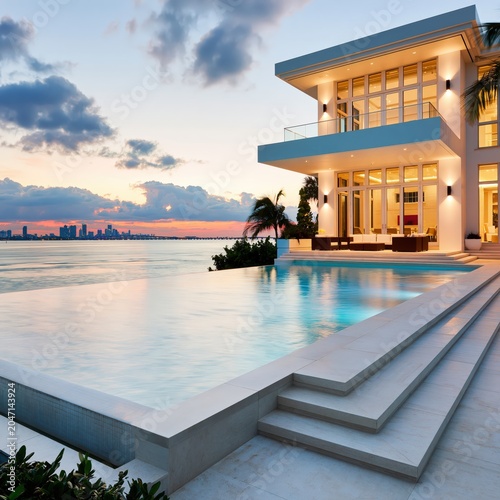 Modern residential architecture featuring an illuminated waterfront house, offering a resort lifestyle and beautiful bay views
