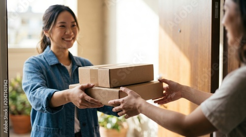 Smiling young Asian woman receiving delivery packages at her home entrance from a courier.
