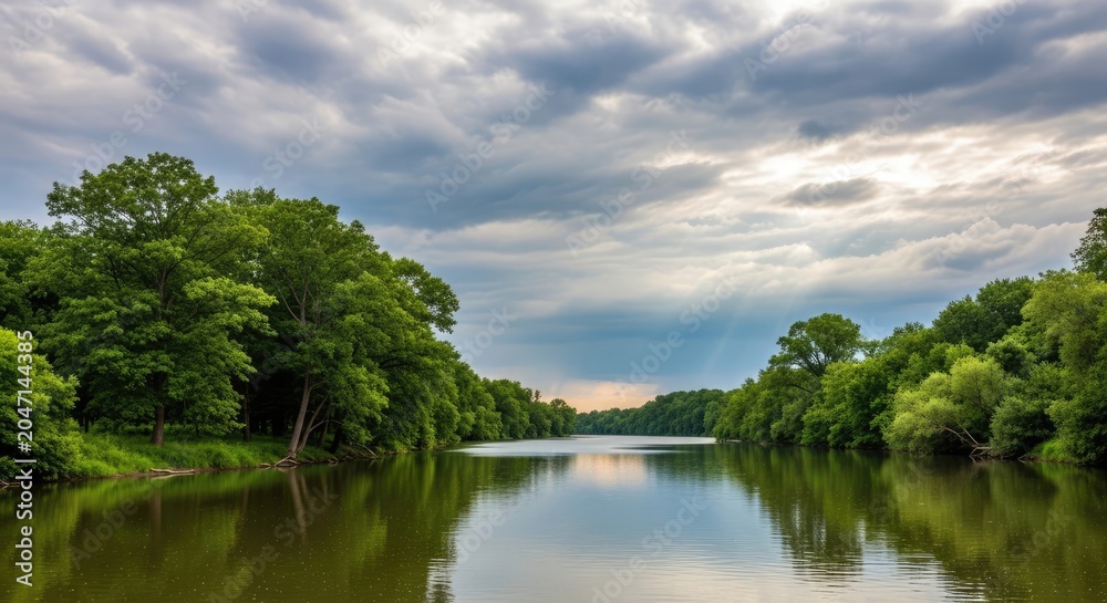Fototapeta premium Peaceful river landscape with green trees and dramatic cloudy sky