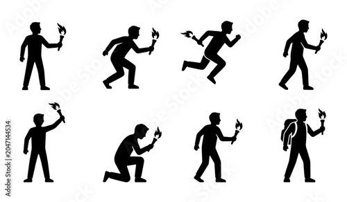 Canvastavla Torchbearer Silhouettes: Dynamic Poses of Figures Holding Fire, Vector Icons for