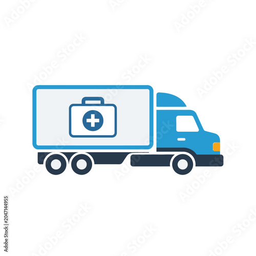Blue medical delivery truck with first aid kit icon.