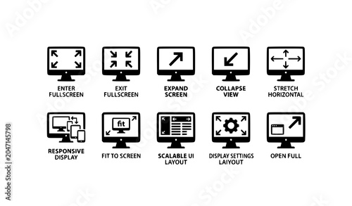 Horizontal display monitor and fullscreen icon set with responsive controls