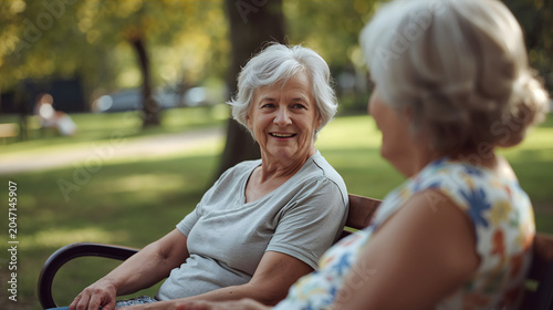 Women sitting park bench showing warm companionable sociability with everyday clothes trees and natural daylight focusing on smiling faces generative AI