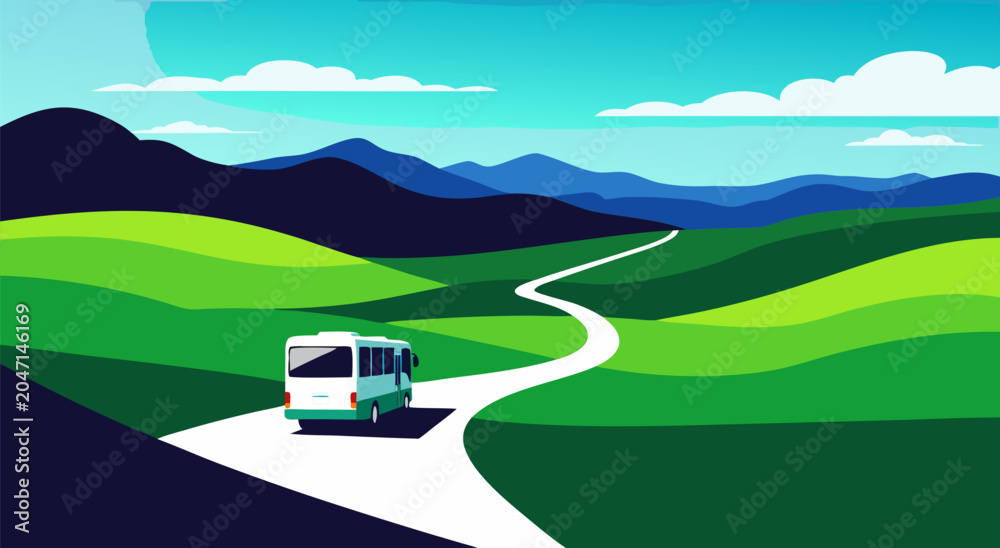 Fototapeta premium Beautiful scenic landscape vector illustration of a bus driving on a winding road through green rolling hills under a blue sky
