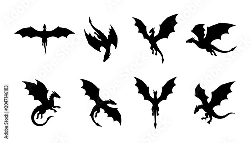 Tableau sur toile Dragon Silhouettes Collection, Mythical Creatures Vector Icons, Fantasy Beasts G