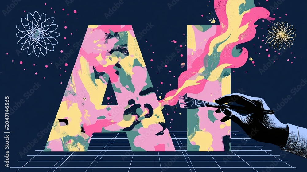 Fototapeta premium Playful abstract typography of AI lettering in mixed pink yellow green tones set on dark blue grid stage base, dotted decor and spirograph stars, black-white hand 