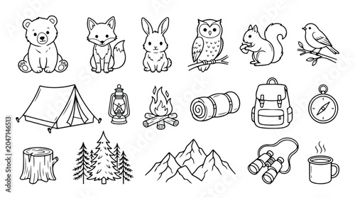 Camping and forest animal line art icons, 18 outdoor adventure vector elements, cute woodland wildlife and hiking gear illustrations
