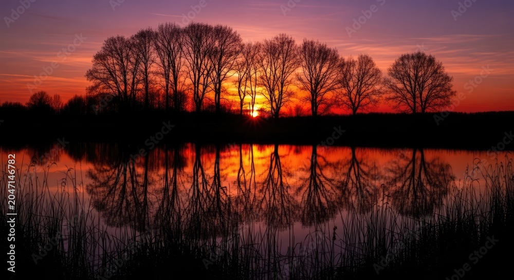 Naklejka premium Silhouette of trees reflecting in lake during vibrant sunset