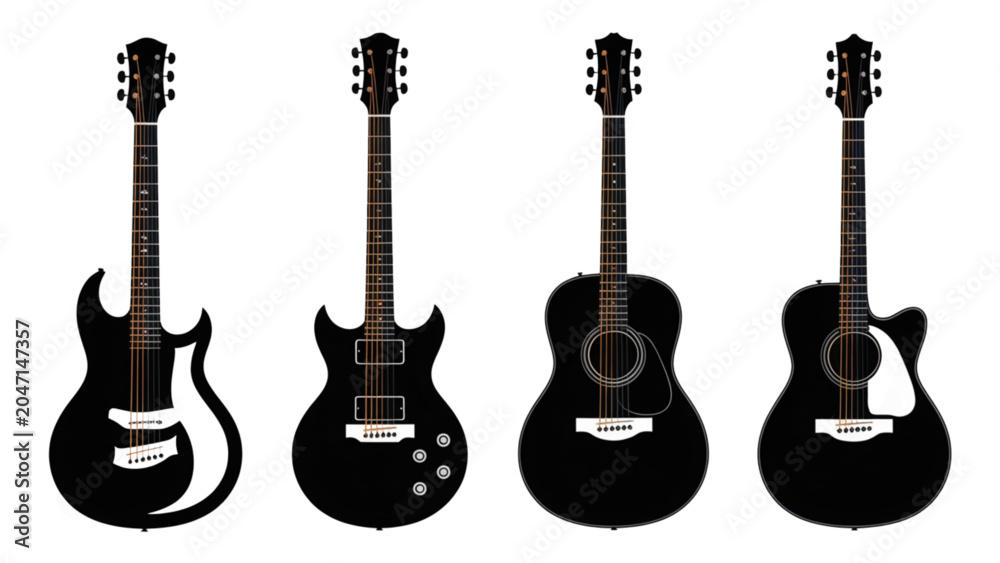 Naklejka premium Four black electric guitars in a row with different body styles Vector