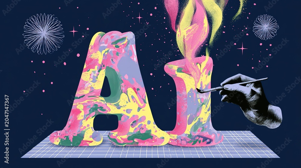 Fototapeta premium Playful abstract typography of AI lettering in mixed pink yellow green tones set on dark blue grid stage base, dotted decor and spirograph stars, black-white hand 