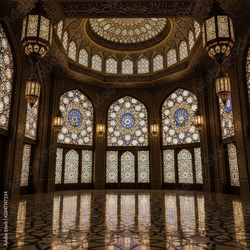 Stunning Interior of a Grand Islamic Mosque with Intricate Stained Glass Windows and Ornate Lighting.